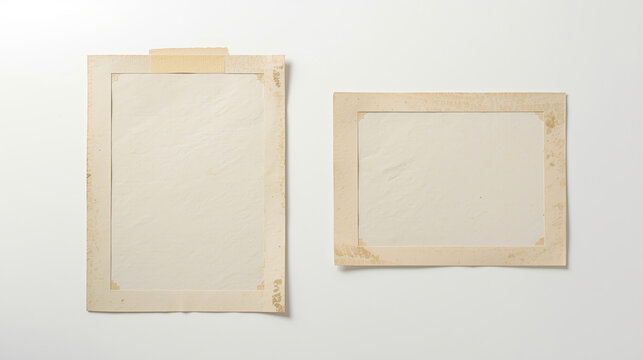 Two vintage Polaroid photo frames made from aged paper are described, featuring one vertical and one horizontal design with empty photo windows. They have a slightly worn texture, subtle stains, and d