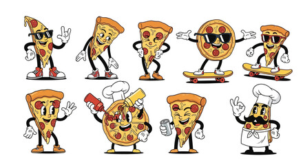 Fototapeta premium Cartoon pizza characters performing various skateboarding stunts and actions, showcasing fun and playful personalities in a lively illustration.