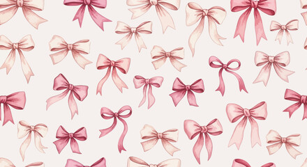 Watercolor illustration of pink bows pattern on white background viewed from directly above