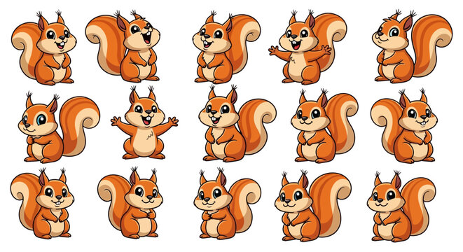 Collection of cartoon squirrels in various poses and actions displayed in a grid pattern on a clean background