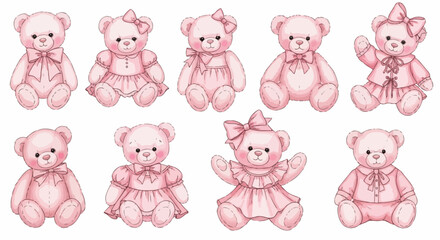 Obraz premium Set of pink teddy bears in various dresses and poses on a plain background from a front view