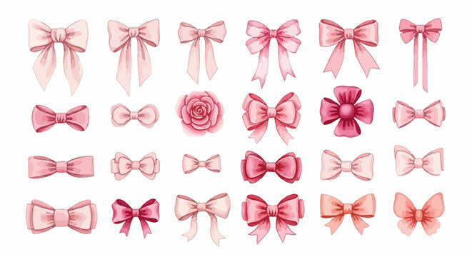 Collection of watercolor pink bows and rose flowers arranged neatly in a grid pattern from a direct viewpoint