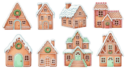 Collection of eight gingerbread houses with festive decorations and snow-covered roofs viewed from the front