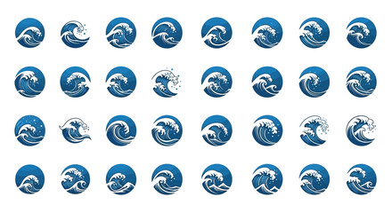 Collection of blue wave icons arranged in a grid pattern on a transparent background illustration