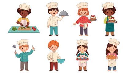 Diverse group of young chefs in hats cooking together in a kitchen environment from a frontal viewpoint