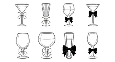 Collection of elegant glasses with decorative bows illustrated in a clean line art style from a straightforward front viewpoint.