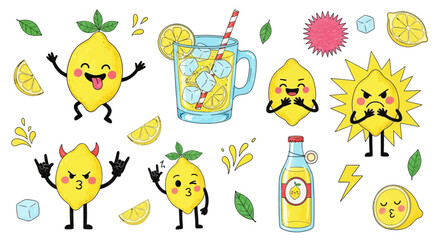 Vibrant cartoon lemons with various facial expressions and a refreshing glass of lemonade on a clean white background from a direct viewpoint