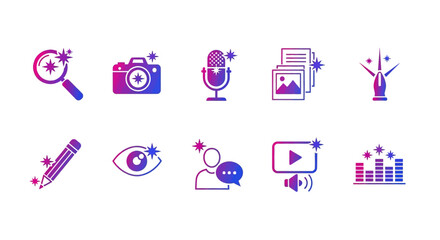 Collection of multimedia icons representing various digital media elements and tools for creation and analysis