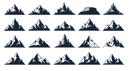 Collection of mountain silhouettes with varying snow coverage and peak shapes displayed in a grid pattern.