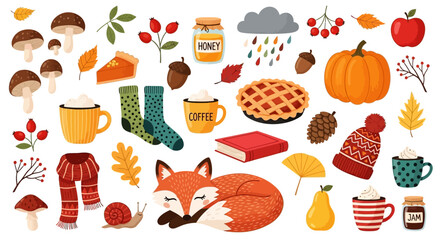 A cozy autumnal scene featuring a sleeping fox surrounded by seasonal elements and warm beverages from a bird's eye view