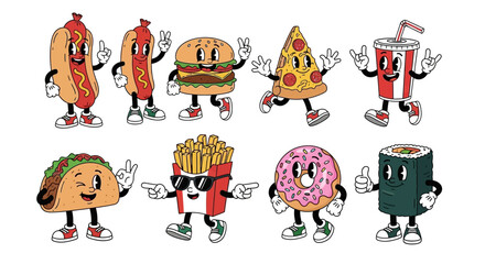 Collection of cartoon food and drink characters with happy expressions standing together in a group