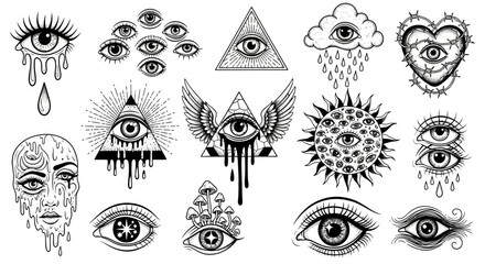 Illustrations of various symbolic eyes and mystical elements in a detailed black and white artwork
