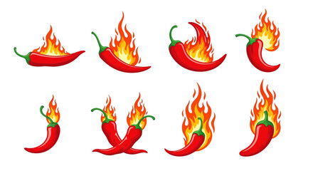 Set of fiery red chili peppers with flames, illustrated in a fiery style