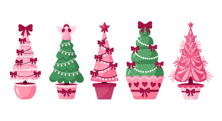 Festive Christmas trees in cupcake form with decorations and ornaments displayed in a row