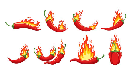 Collection of fiery red chili peppers in various stages of ignition, displayed in a grid pattern