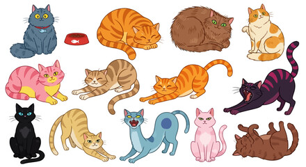 Collection of various cartoon cats in different colors and poses displayed together in a grid