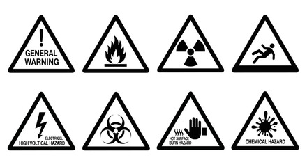 Set of warning signs for hazardous situations and biohazard symbols in triangular frames
