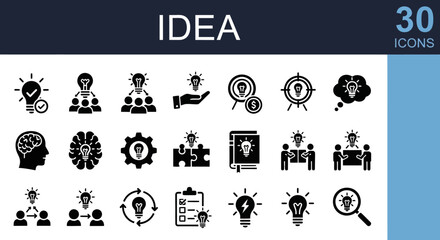 Collection of black icons representing idea generation and problem-solving concepts on a white background from a direct viewpoint