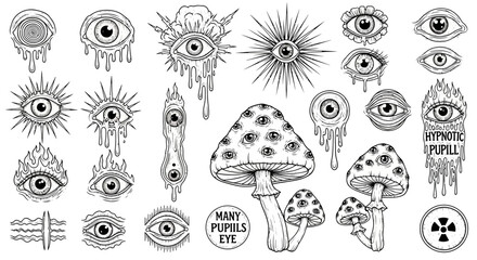 Assorted surrealistic illustrations of eyes and mushrooms in a digital artwork from a front viewpoint