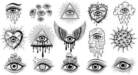 A collection of hand-drawn illustrations featuring various eye designs and mystical symbols on a white background viewed from a straightforward perspective.