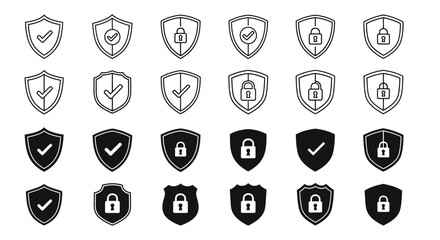 Collection of various security shield icons in different styles and designs displayed together on a white background from a straightforward viewpoint