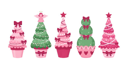 Festive cupcakes decorated as Christmas trees with pink frosting and red stars