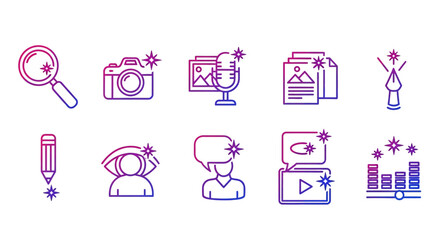 Digital icons representing technology and media elements in a modern context, featuring symbols for search, photography, and video content