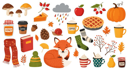 Cozy autumn scene with fox, food, and seasonal accessories arranged together