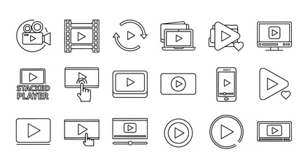 Collection of simple line icons representing various multimedia elements and devices for playing video content on different platforms and screens