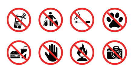 Collection of Prohibition Signs Indicating Various Restricted Actions and Objects in Public Spaces