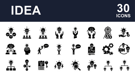 Collection of simple black icons representing various concepts related to idea generation and creativity on a clean white background