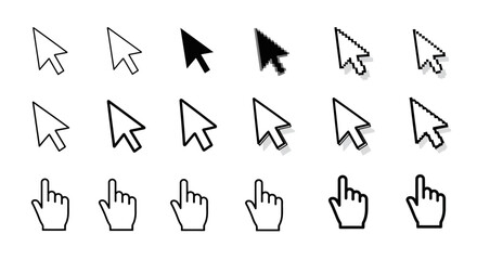 Collection of computer mouse cursor and hand icons in various styles on a clean white background