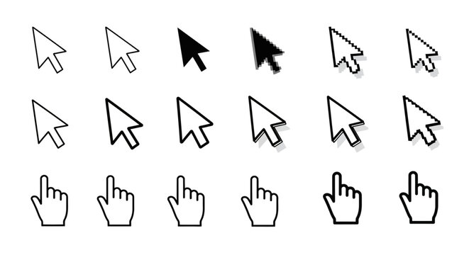 Collection of computer mouse cursor and hand icons in various styles on a clean white background