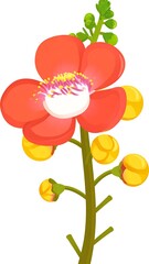 A vibrant digital illustration showcases a large, exotic flower with multiple petals, emanating from a sturdy green stem, surrounded by buds