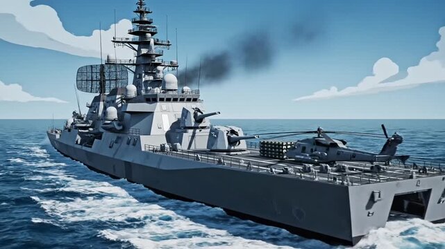 Modern naval warship with helicopter on deck sailing on calm blue sea under clear sky, powerful military vessel