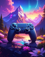 A vibrant digital illustration showcases a gaming controller set against a stunning mountain range and an aurora sky