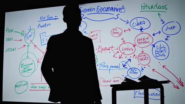 A silhouetted person faces a whiteboard covered in handwritten diagrams