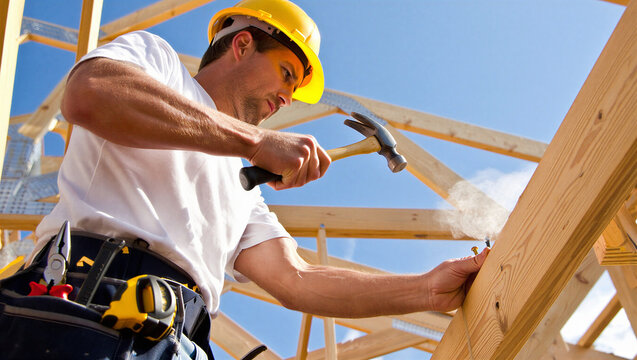 Dedicated carpenter hammering nails into a wooden frame at a residential construction site.