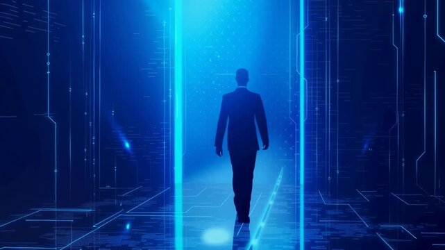 illustration of a businessman walking through a blue digital virtual reality corridor towards a bright glowing door
