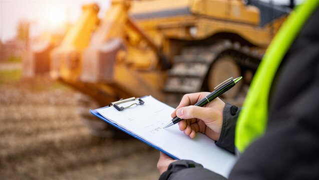 Construction Worker Inspecting Site with Clipboard and Pen, Heavy Machinery in Background