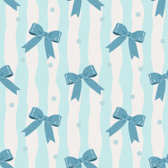 cute coquette aesthetic pattern seamless.Pastel  blue ribbon bow with wavy stripes and polka dots backgrounds. Lovely nordic folk design for celebration, festival, birthday,fabric,Valentine,baby show