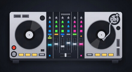Professional dj mixer with turntables and colorful buttons on a dark background for music production and live performances