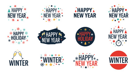 Fototapeta premium Large collection of stylish happy new year and happy holiday labels with festive decorations like stars, trees, and bubbles for greetings.