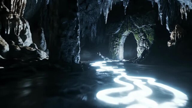 Mysterious cave passage with glowing water flowing