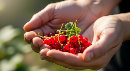 Fresh Red Currants Held in Hands in Sunlit Outdoor Scene