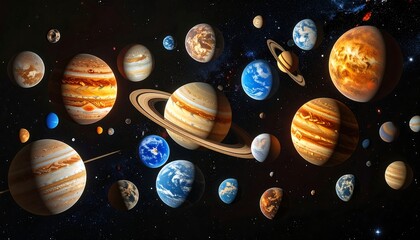 A vibrant digital illustration showcasing multiple planets against a starry backdrop. Diverse sizes and colorful formations