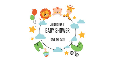 Baby shower invitation card with cute animal characters and stars and balloons around a circular frame for saving the event date.