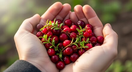 Fresh Red Cranberries Hands Holding Harvest