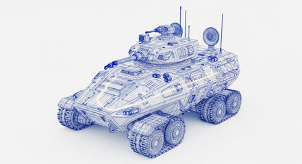 Armored vehicle made of intricate blue patterns and lines. © Peri