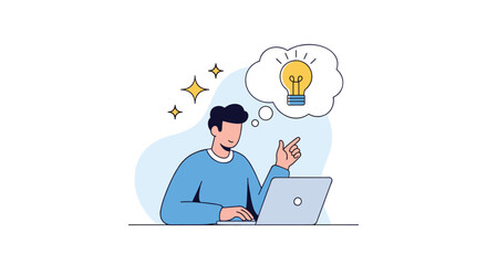 Young man working on a laptop computer while having a bright lightbulb idea in a thought bubble representing creativity and insight.